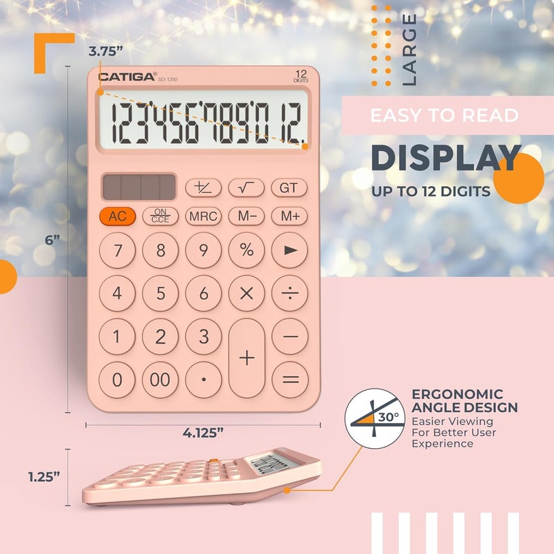 CATIGA 12 Digit Desktop Calculator Basic Desk Calculator with Large LCD Display, Big Buttons, 4 Function, Solar and Battery Dual Power, for Office, School, Home, SD-1292 Pink - Image 4